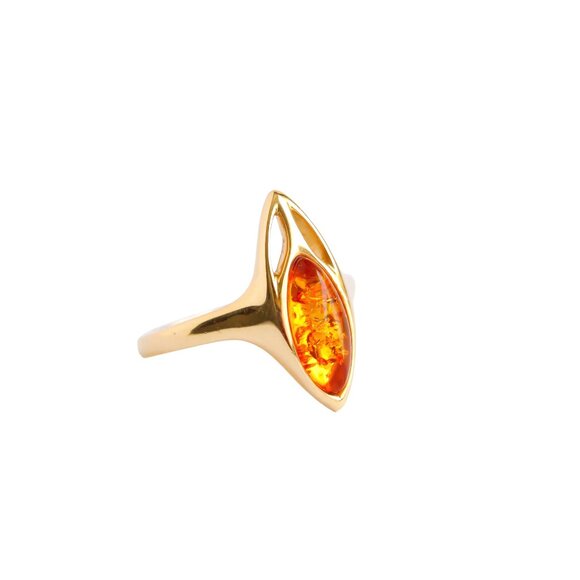 14K Gold Amber Ring – Marquise Cut Lithuanian Cognac Amber - Picture 3 of 8